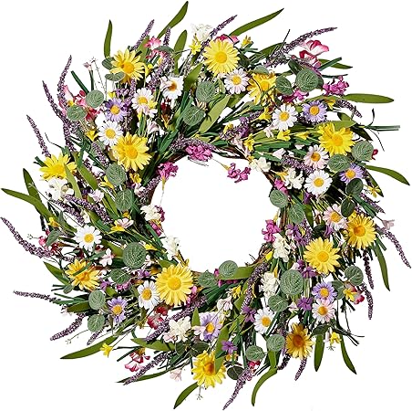 Sggvecsy Daisy and Lavender Wreath 24’’ Wildflower Wreath Spring and Summer Wreath Artificial Spring Wreath Silk Summer Wreath for Front Door Home Wall Wedding Festival Farmhouse Holiday Decor